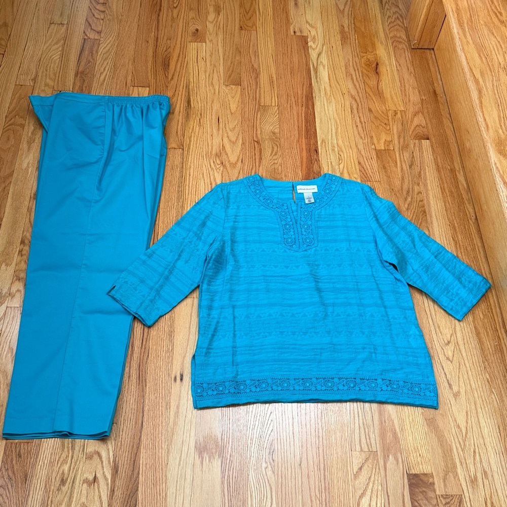Alfred Dunner 2-Piece Turquoise Set  | Embroidered Tunic & Pants Size 14